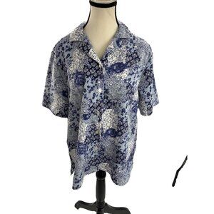 Bonworth Womens S Petite Blue Floral Button Front Short Sleeve Blouse Top